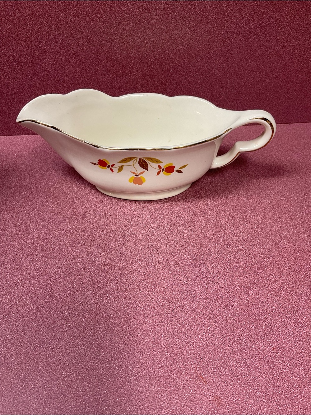White Ceramic Gravy Boat with Gold Trim and Orange Floral Accent